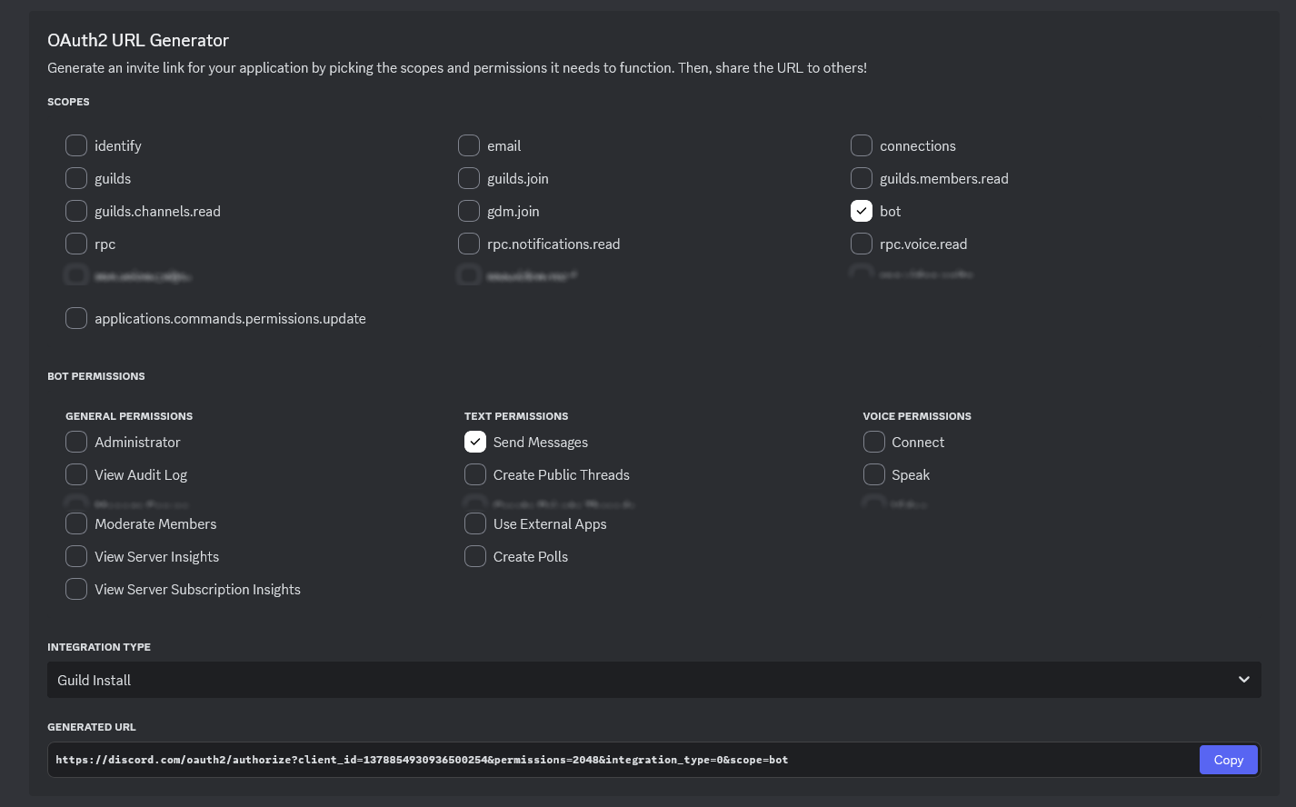 Discord’s OAuth2 URL generator, with “bot” scopes and “Send Messages” bot permissions checked