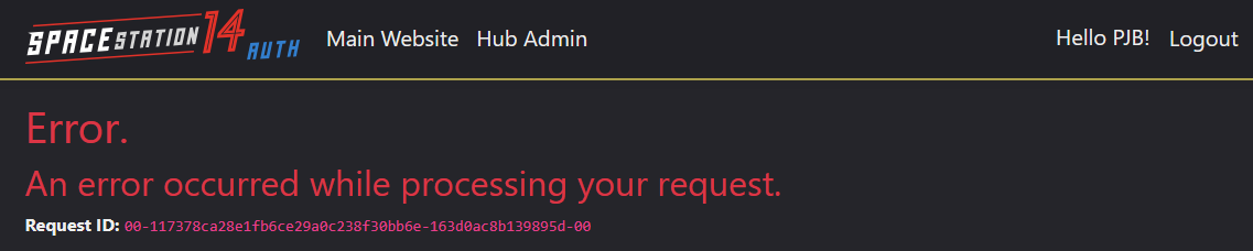 Space Station 14 auth error screen just saying “An error occurred while processing your request.”